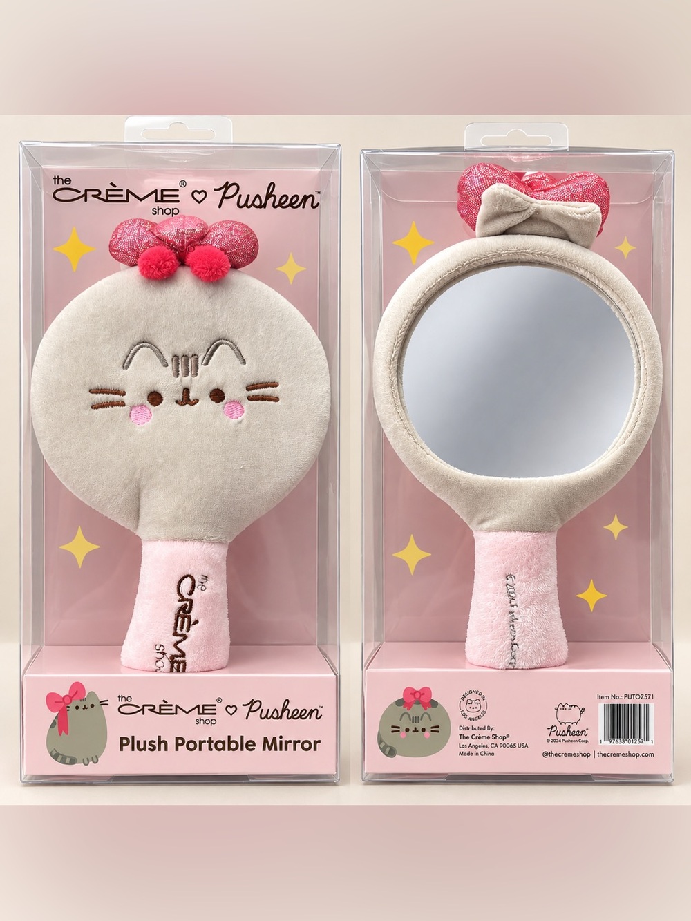 The Creme shop Pusheen Plush Hand Mirror with Pink Bow & Blush Accents